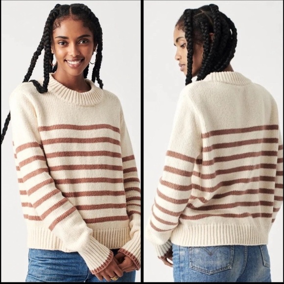 Faherty Cuddle Striped Crew Sweater Chai Stripe Cream Brown Knit Medium Rare - Picture 2 of 11